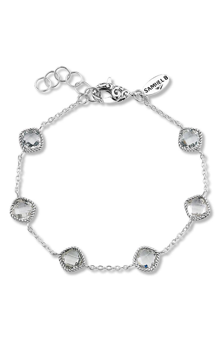 SAMUEL B. Sterling Silver Cushion Cut Semi-Precious Stone Station Bracelet, Main, color, White