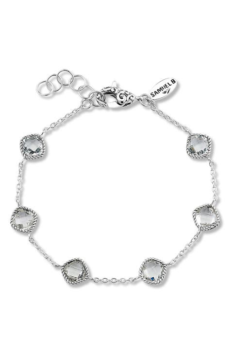 Sterling Silver Cushion Cut Semi-Precious Stone Station Bracelet