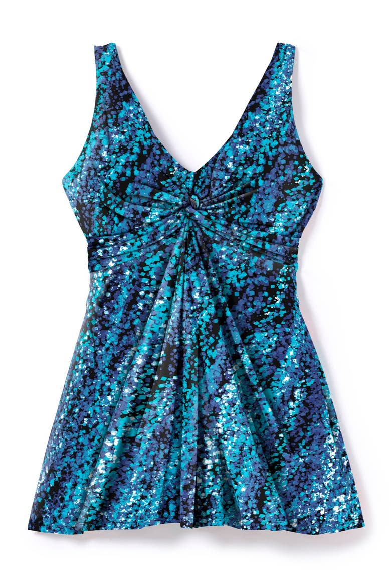 Twist-Front V-Neck Tummy Control A-Line Swim Dress, Alternate, color, AQUA ABSTRACT