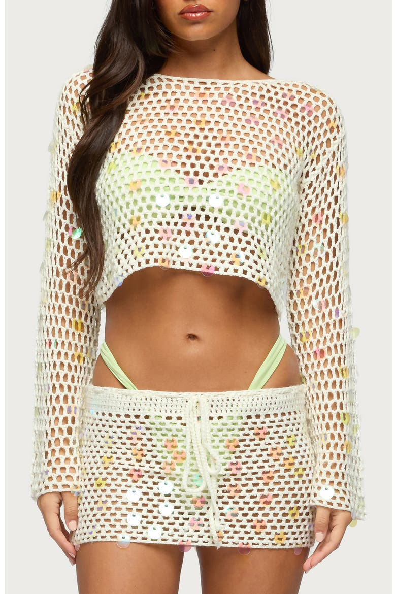 Kirah Open Stitch Paillette Cover-Up Crop Top, Main, color, CREAM