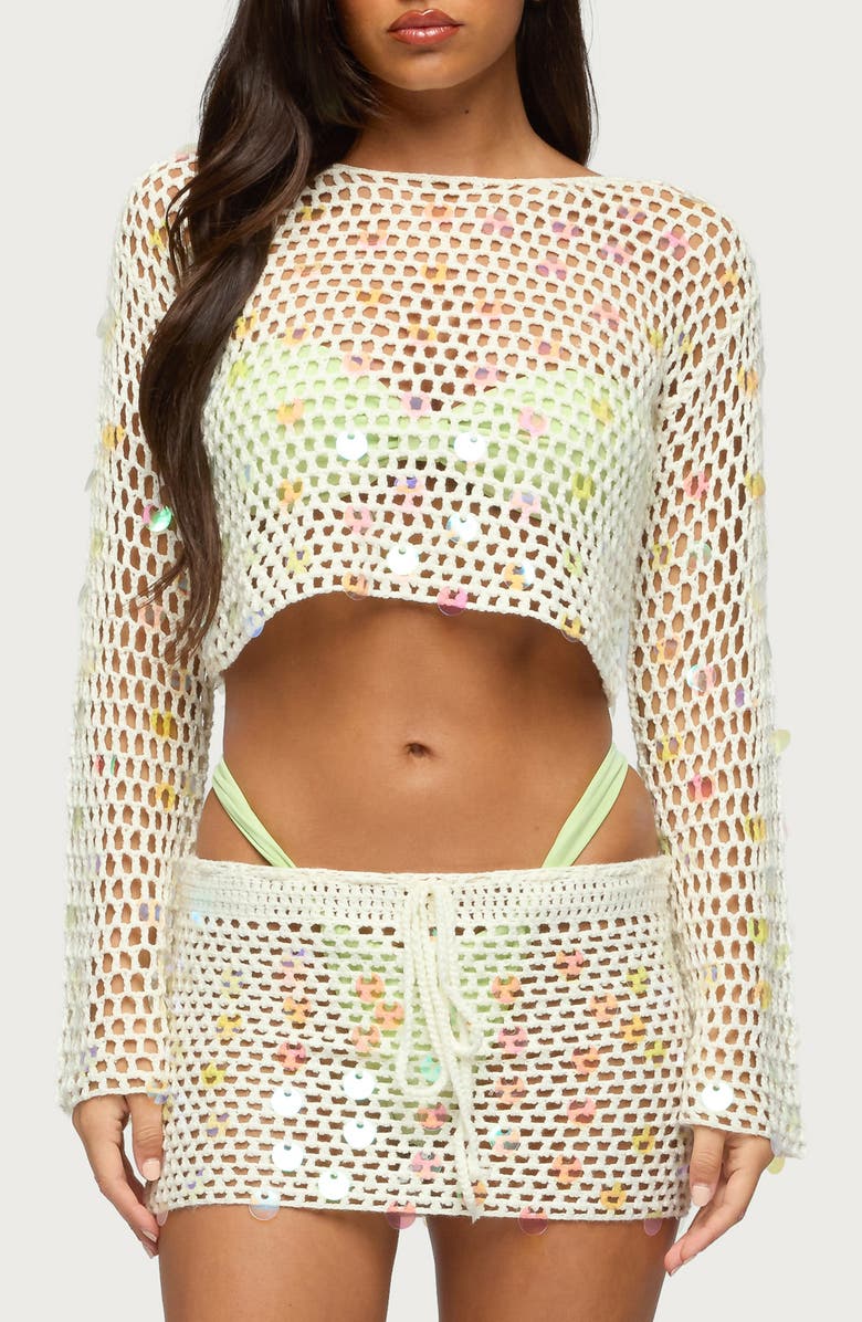EDIKTED Kirah Open Stitch Paillette Cover-Up Crop Top, Main, color,