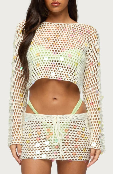 Kirah Open Stitch Paillette Cover-Up Crop Top