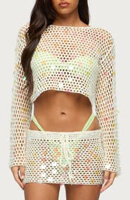 EDIKTED Kirah Open Stitch Paillette Cover-Up Crop Top