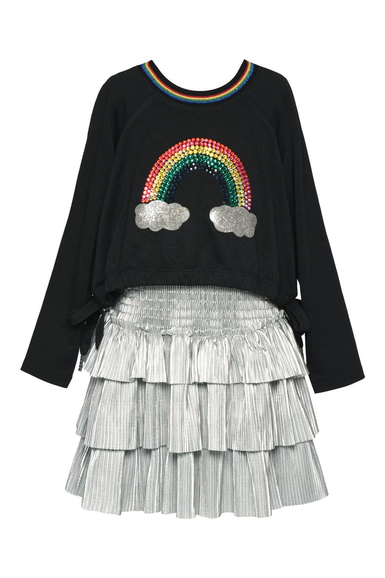 Kids' Mixed Media Rainbow Ruffle Dress, Main, color, BLACK MULTI