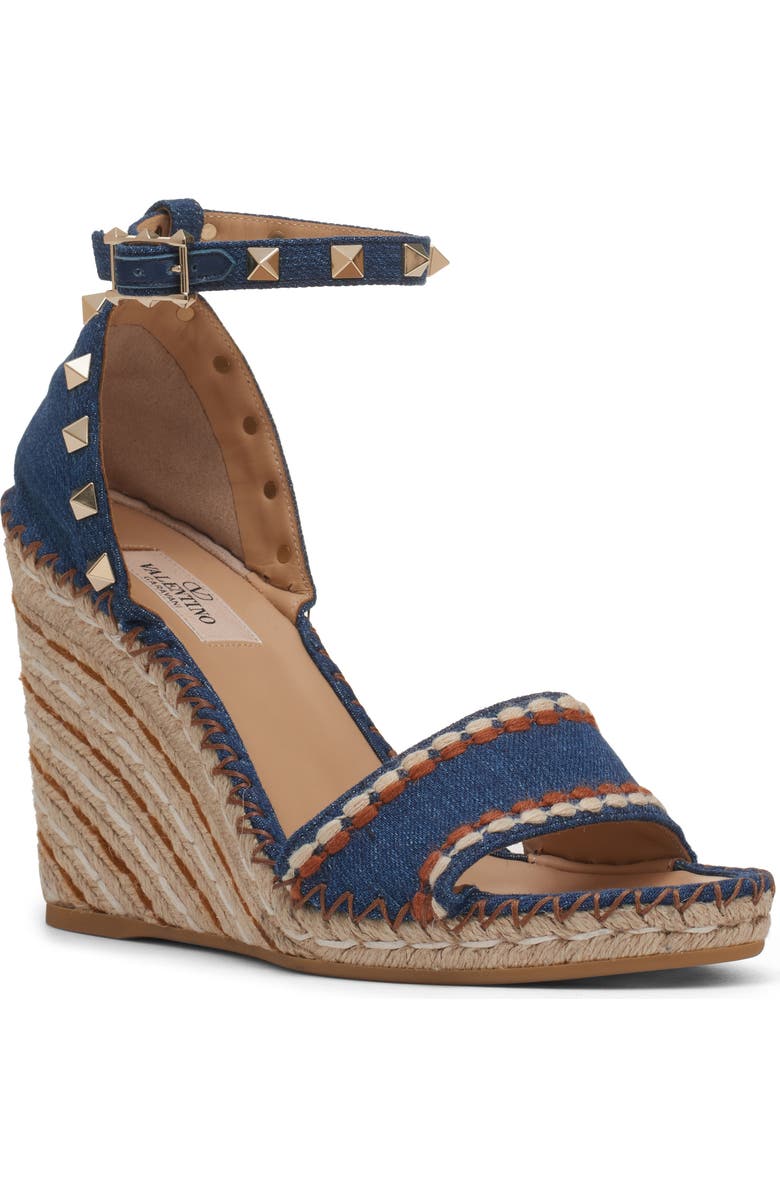Valentino Garavani Rockstud Espadrille Wedge Sandal, Main, color, Bright Blue
