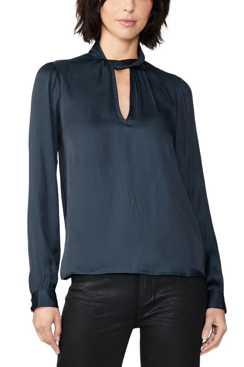 Ceres Twist Neck Cutout Satin Blouse, Main, color, NAVY