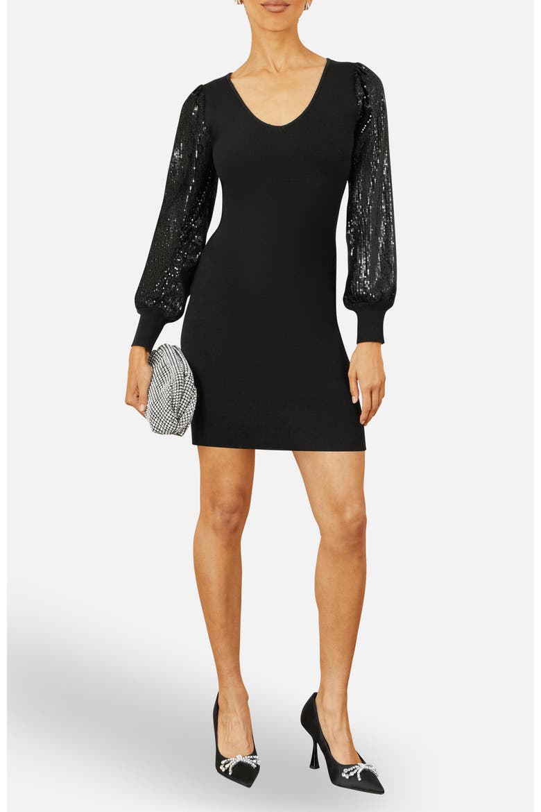 Sequin Sleeve Knitted Fitted Dress, Alternate, color, Black