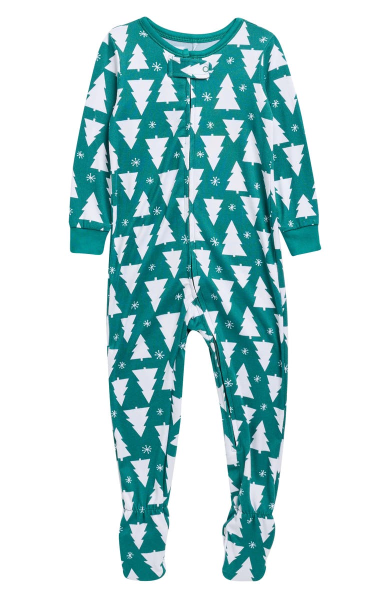 Pillow Talk Matching Family Merry Tree Footed Pajamas, Main, color, Green- White Merry Trees