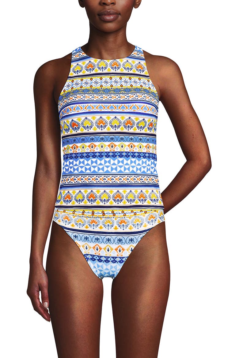 D-Cup Tugless High Neck Strappy Back Tankini Swimsuit Top, Main, color, White Mosaic Multi Stripe