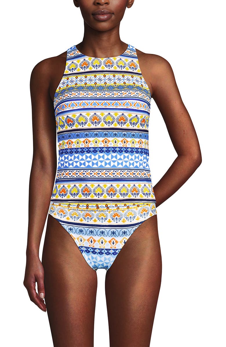 Lands' End D-Cup Tugless High Neck Strappy Back Tankini Swimsuit Top, Main, color, White Mosaic Multi Stripe