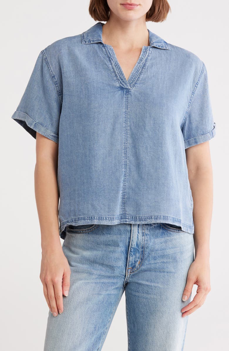 FOR THE REPUBLIC Short Sleeve Popover Top, Main, color, Med Wash