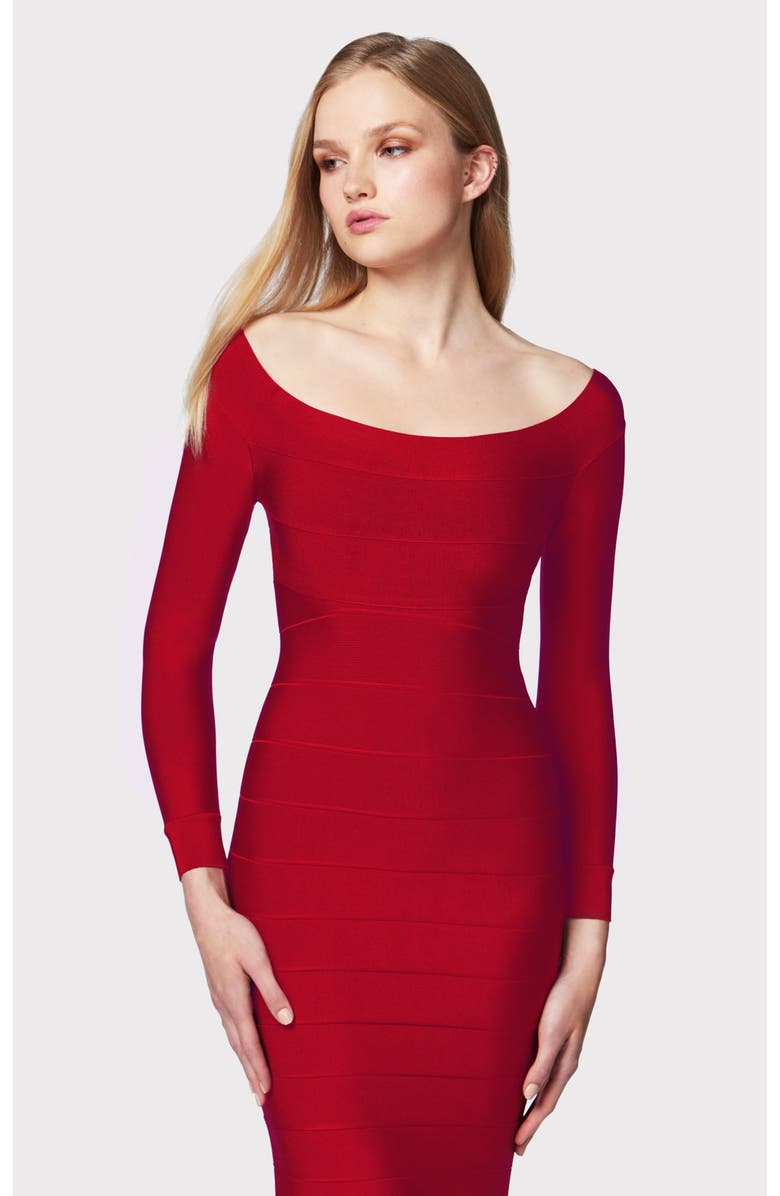 Herve Leger Icon Scoop Neck Midi Dress, Alternate, color, Cherry