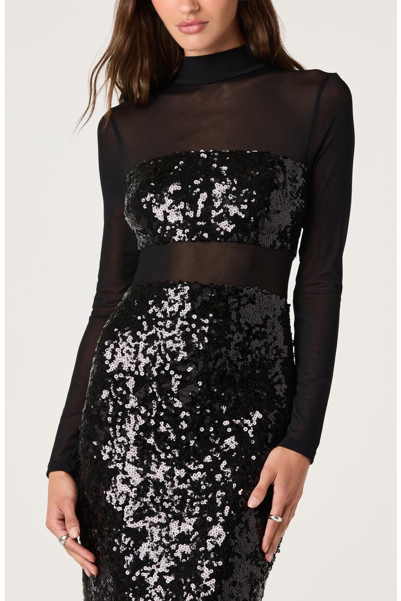 Daja Sequined Mock Neck Long Sleeve Midi Dress, Alternate, color, BLACK