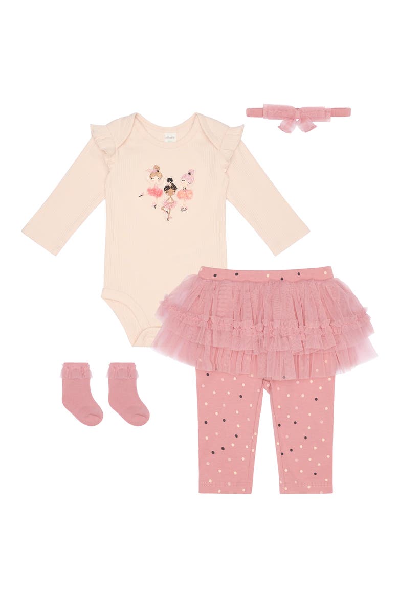 Ribbed Ruffle Bodysuit, Skirted Leggings, Headband & Socks Set, Main, color, BALLERINA