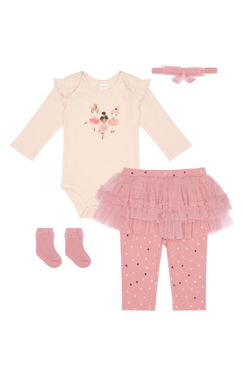 Ribbed Ruffle Bodysuit, Skirted Leggings, Headband & Socks Set