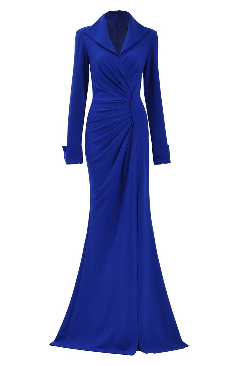 Tadashi Shoji High Collar Long Sleeve Crepe Gown, Alternate, color, 