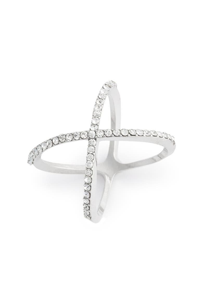 Rhinestone Crossover Ring, Main, color, SILVER/ CRYSTAL