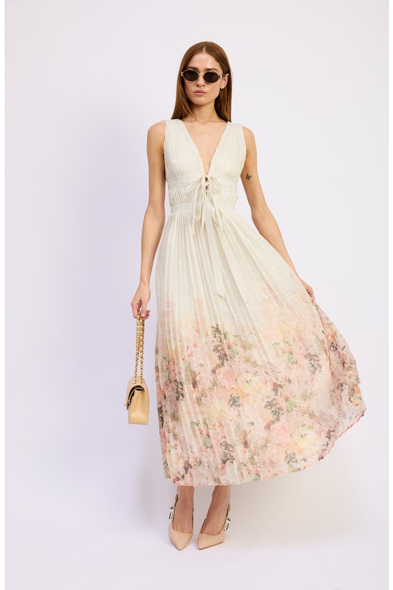 Pleated Tie Front Maxi Dress, Alternate, color, IVORY BLUSH ORCHID