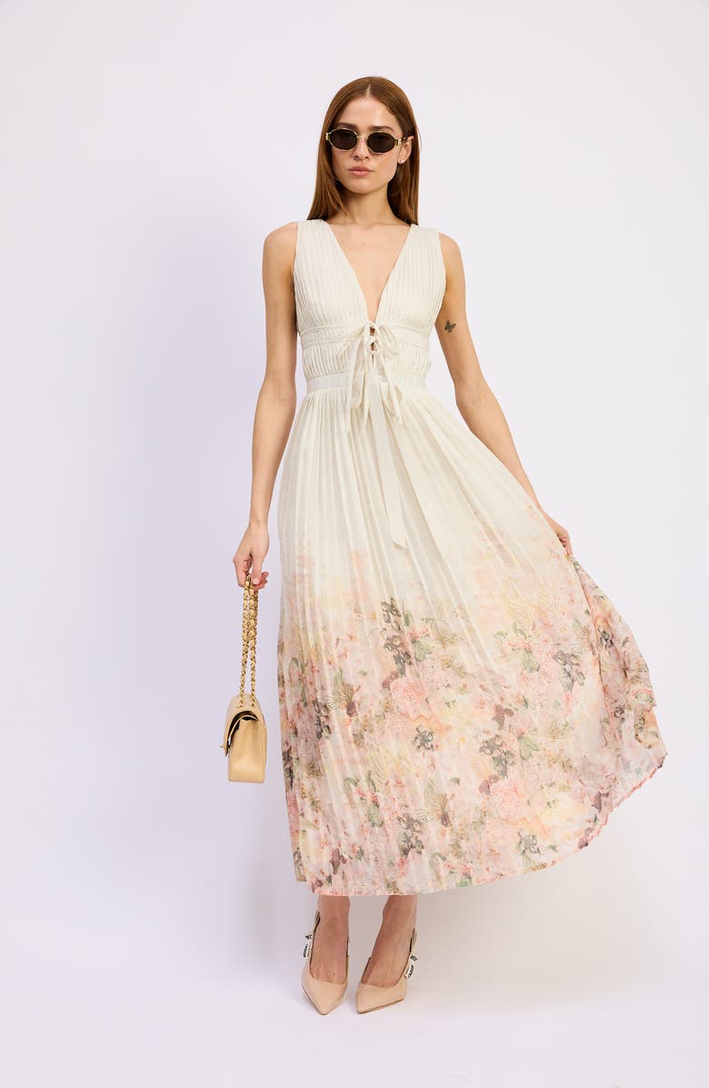 En Saison Pleated Tie Front Maxi Dress, Alternate, color, Ivory Blush Orchid