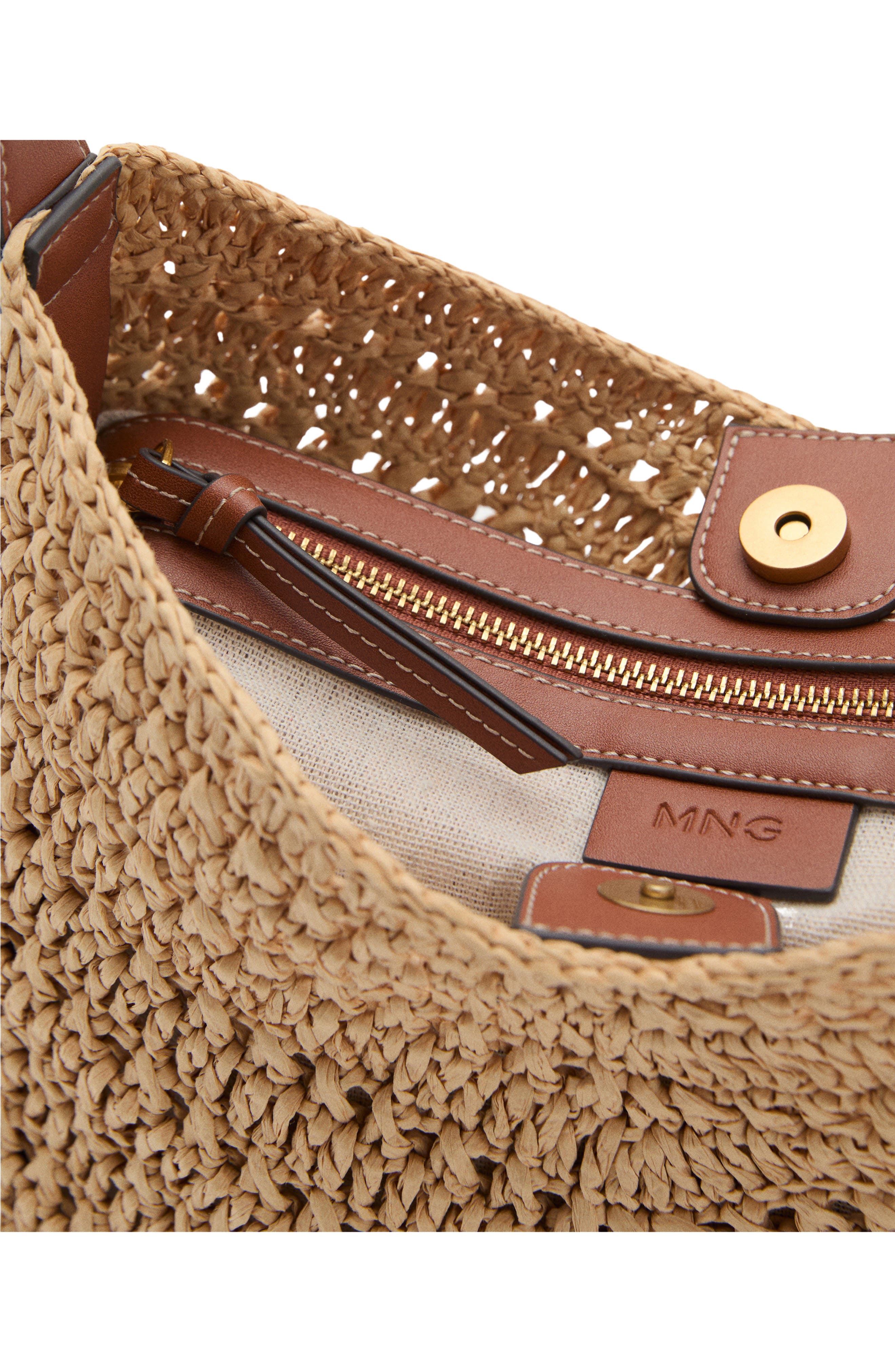 MANGO Woven Straw Shoulder Bag, Alternate, color, Beige Straw/ Brown Leather