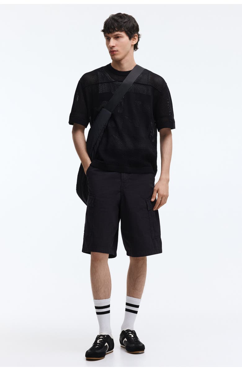 H&M Loose Fit Cotton Cargo Shorts, Main, color, Black