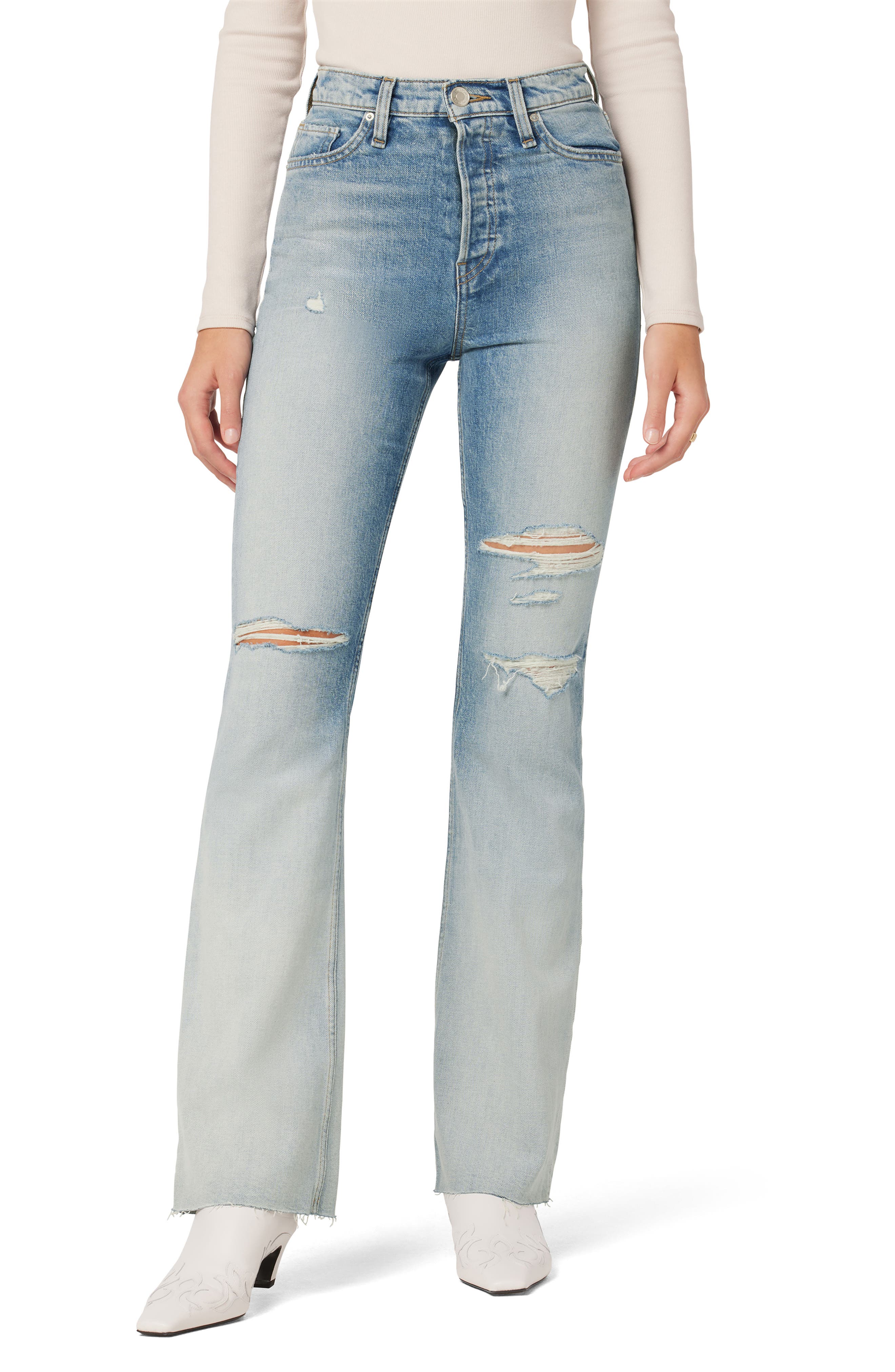 Hudson Jeans Faye Ripped Ultra High Waist Raw Hem Flare Organic Cotton Jeans