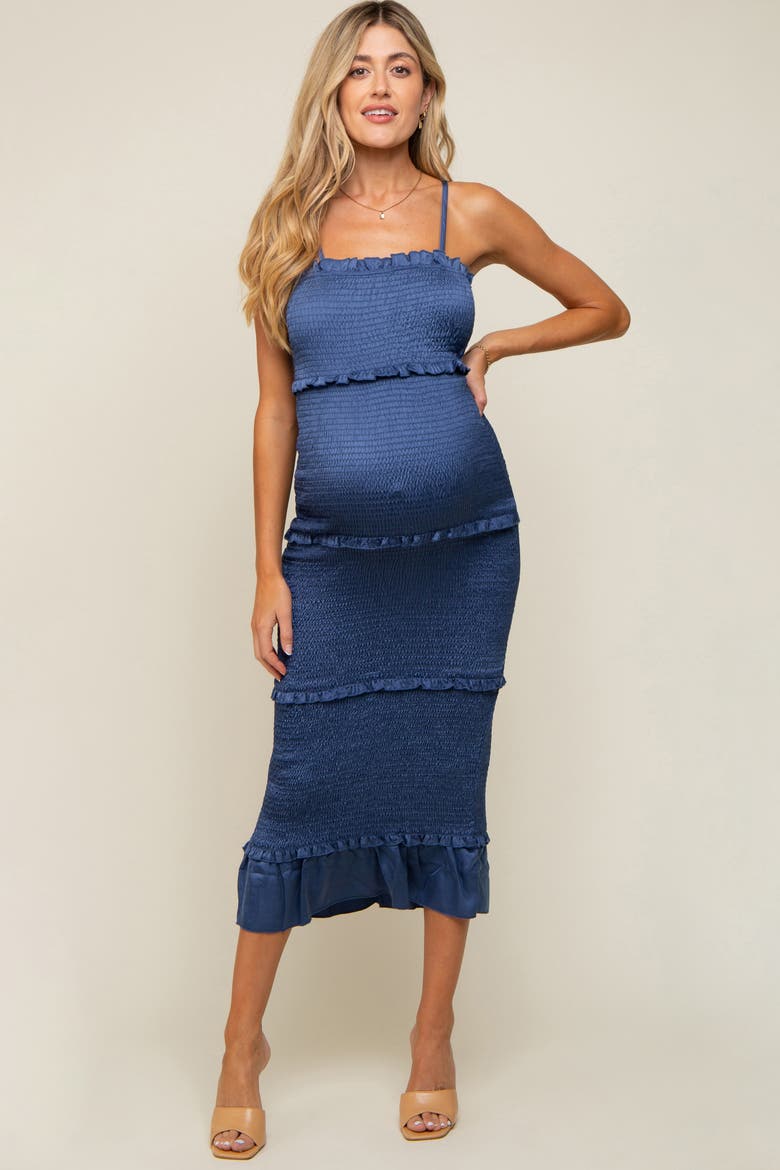 Satin Smocked Fitted Maxi Dress, Main, color, Navy Blue