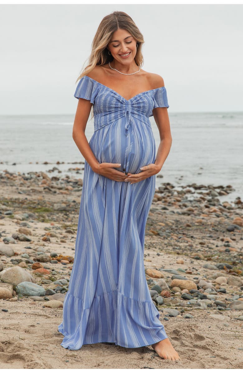PinkBlush Striped Off Shoulder Front Tie Maxi Dress, Main, color, Blue