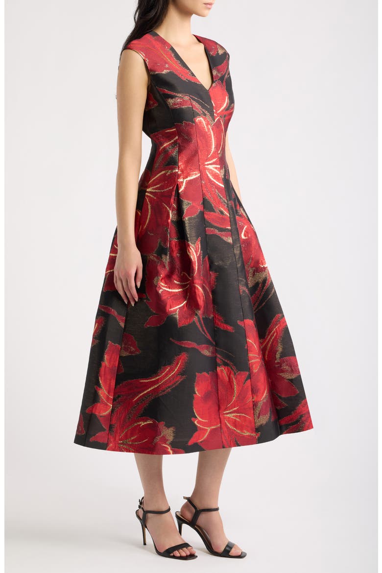 Floral Metallic V-Neck Midi Dress, Alternate, color, ANNE BLACK MULTI