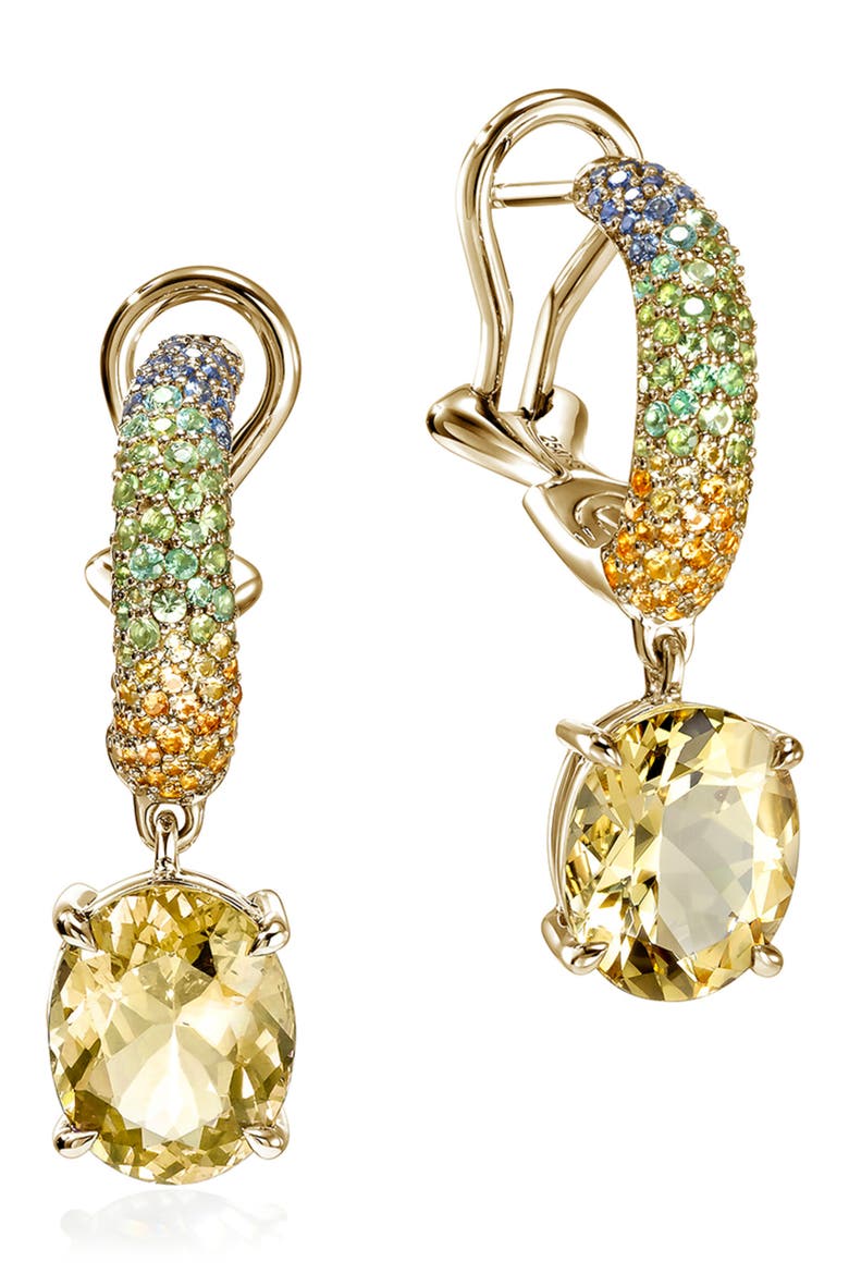 Artisan Series 18k Gold Yellow Beryl & Multi-Stone Drop Hoop Earrings, Main, color, GOLD