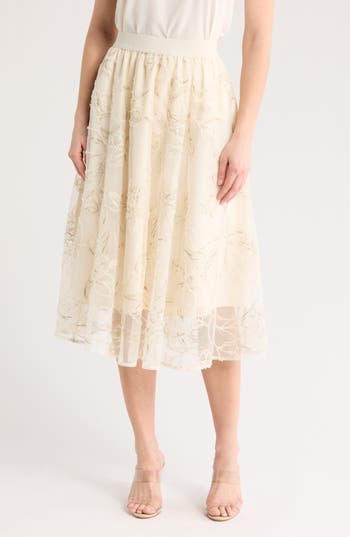 Adrianna Papell Chiffon Overlay Midi Skirt In Ivory Embossed Floral