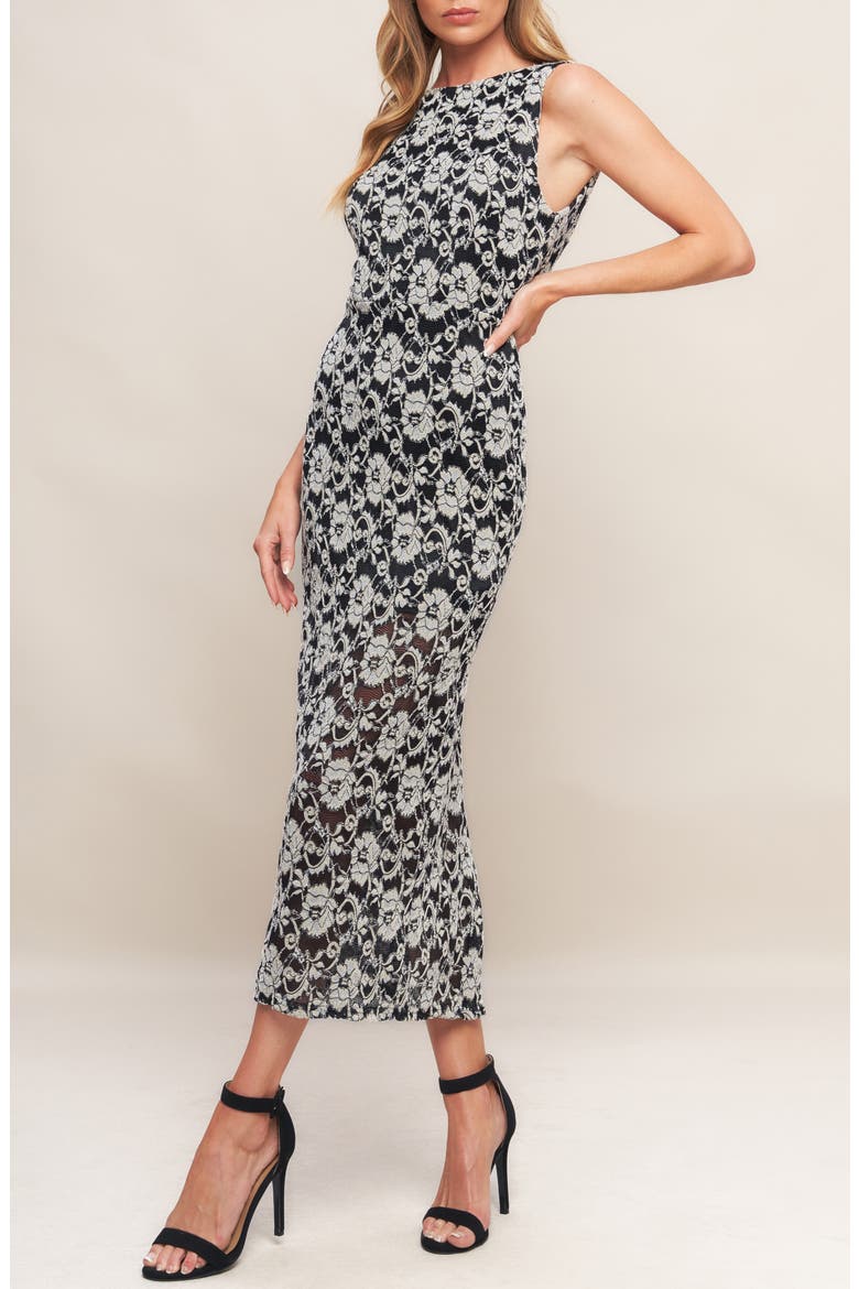 Floral Sleeveless Stretch Lace Midi Dress, Alternate, color, BLACK/ TAUPE