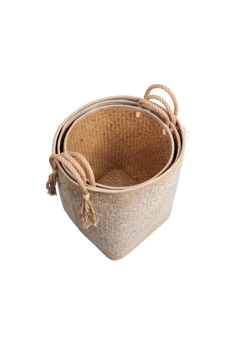 Celia Handwoven Palm Leaf Nesting Storage Baskets with Rope Handles, Alternate, color, Natural/White