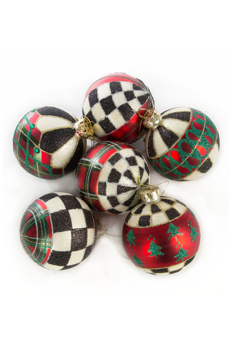 Set of 6 Tartan Glass Ball Ornaments, Main, color, RED