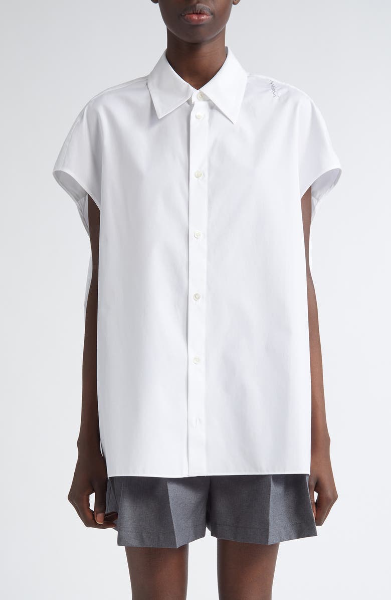 Marni Embroidered Logo Sleeveless Cotton Poplin Cocoon Shirt, Main, color, Lily/ White