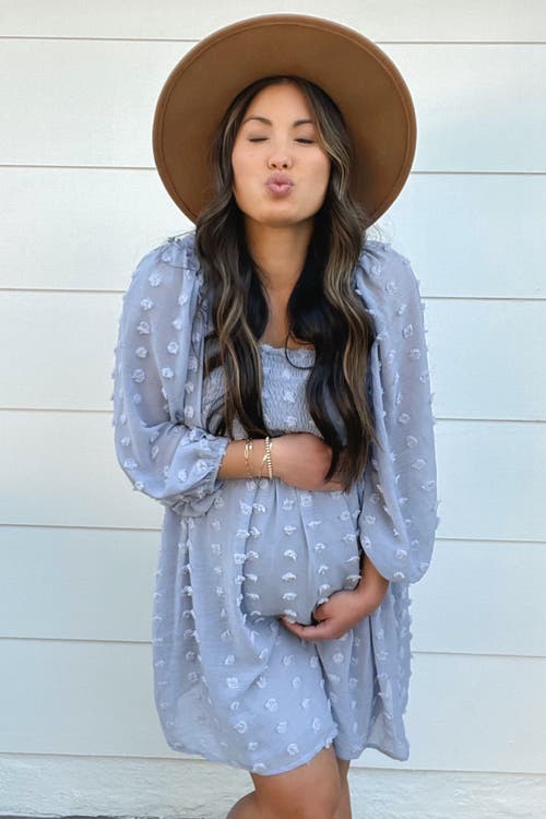 Pinkblush Textured Dot Smocked Square Neck Chiffon Dress In Blue