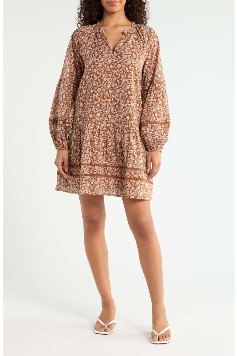 Ramsey Ditsy Floral Print Long Sleeve Minidress, Main, color, BROWN MULTI