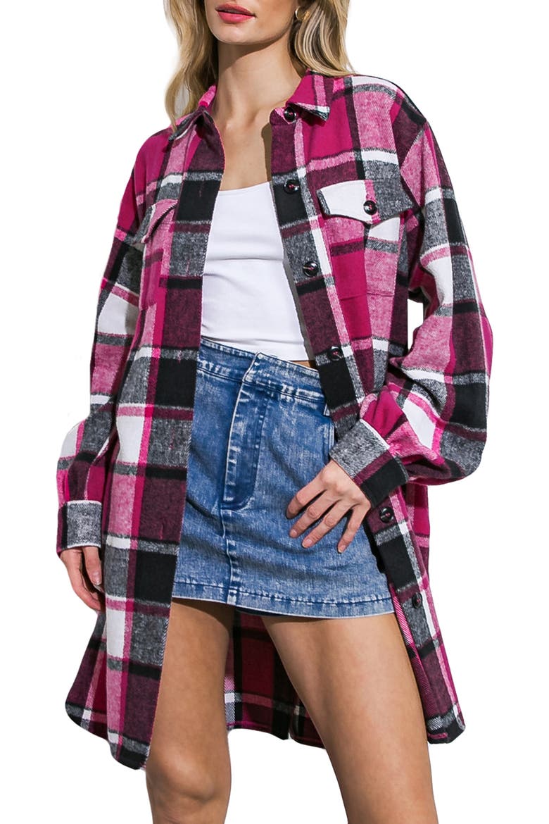Plaid Longline Shirt Jacket, Main, color, MAGENTA