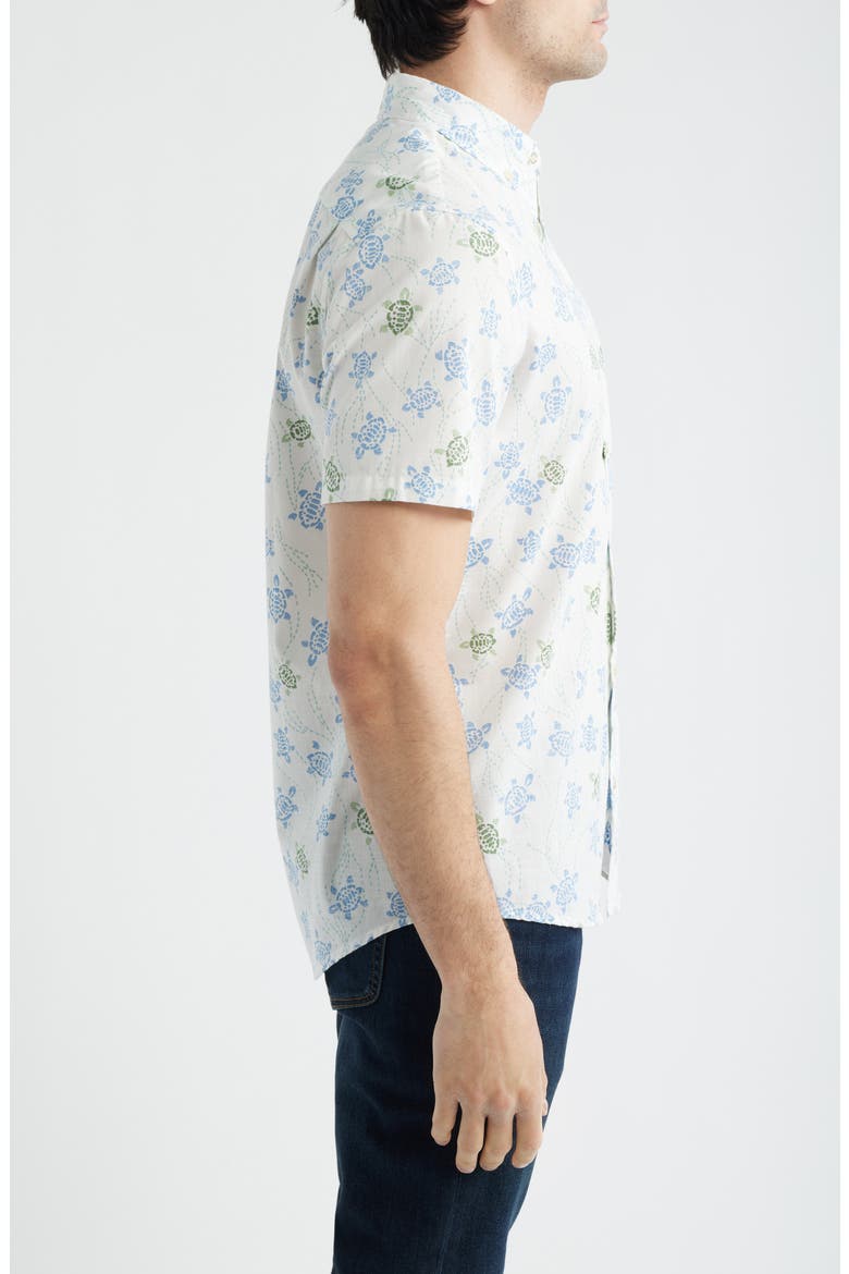 Honu Holoholo Turtle Print Short Sleeve Cotton Blend Button-Down Shirt, Alternate, color, WHITE