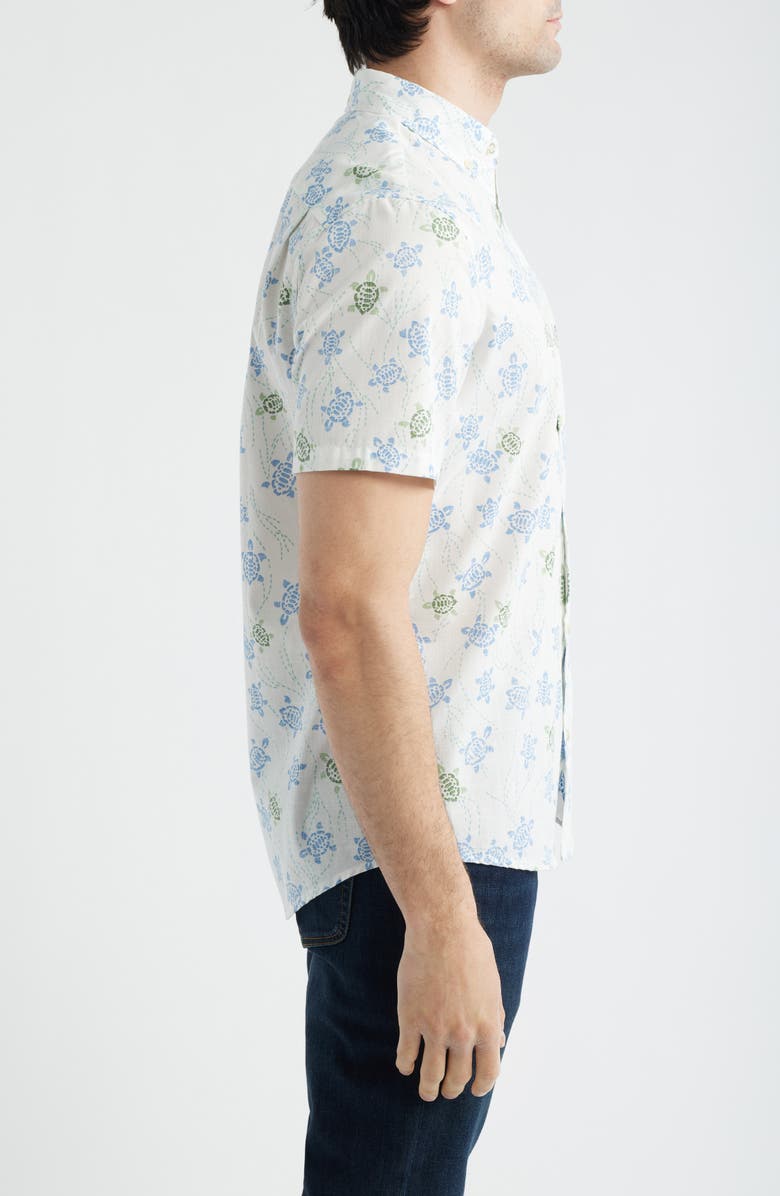 Reyn Spooner Honu Holoholo Turtle Print Short Sleeve Cotton Blend Button-Down Shirt, Alternate, color, White