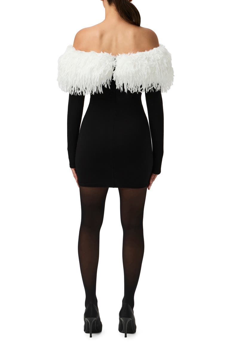 Butter Faux Feather Trim Off the Shoulder Long Sleeve Minidress, Alternate, color, BLACK / WHITE