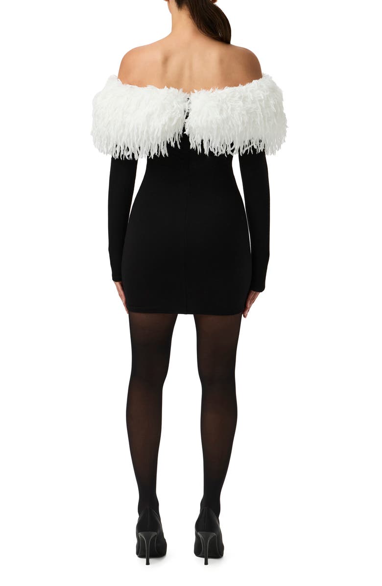 Naked Wardrobe Butter Faux Feather Trim Off the Shoulder Long Sleeve Minidress, Alternate, color, Black / White