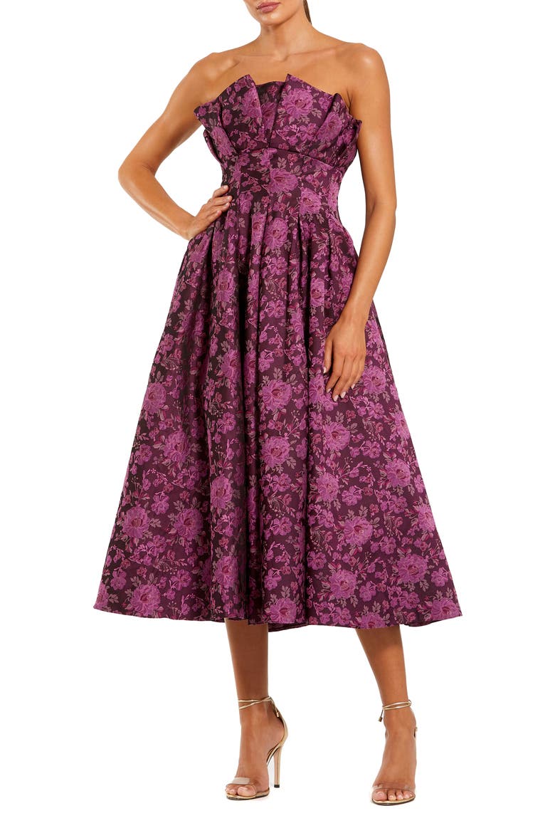Strapless Floral Brocade A-line Midi Dress, Main, color, Magenta Multi