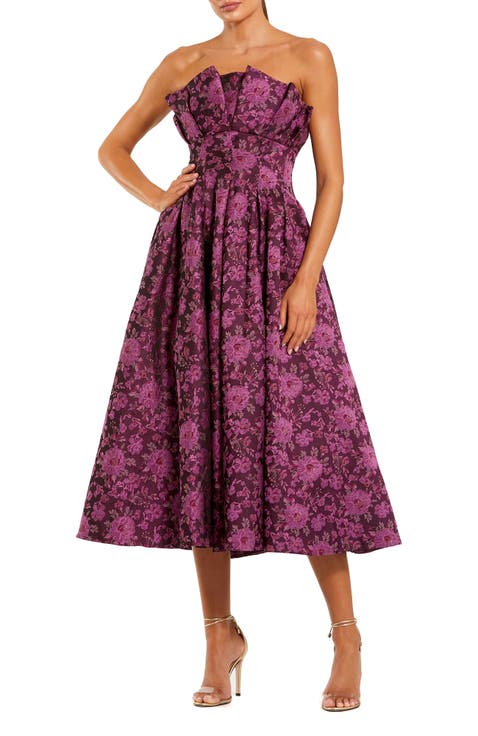 Strapless Floral Brocade A-line Midi Dress