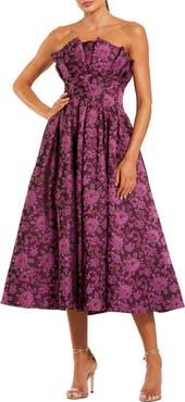 Mac Duggal Strapless Floral Brocade A-line Midi Dress