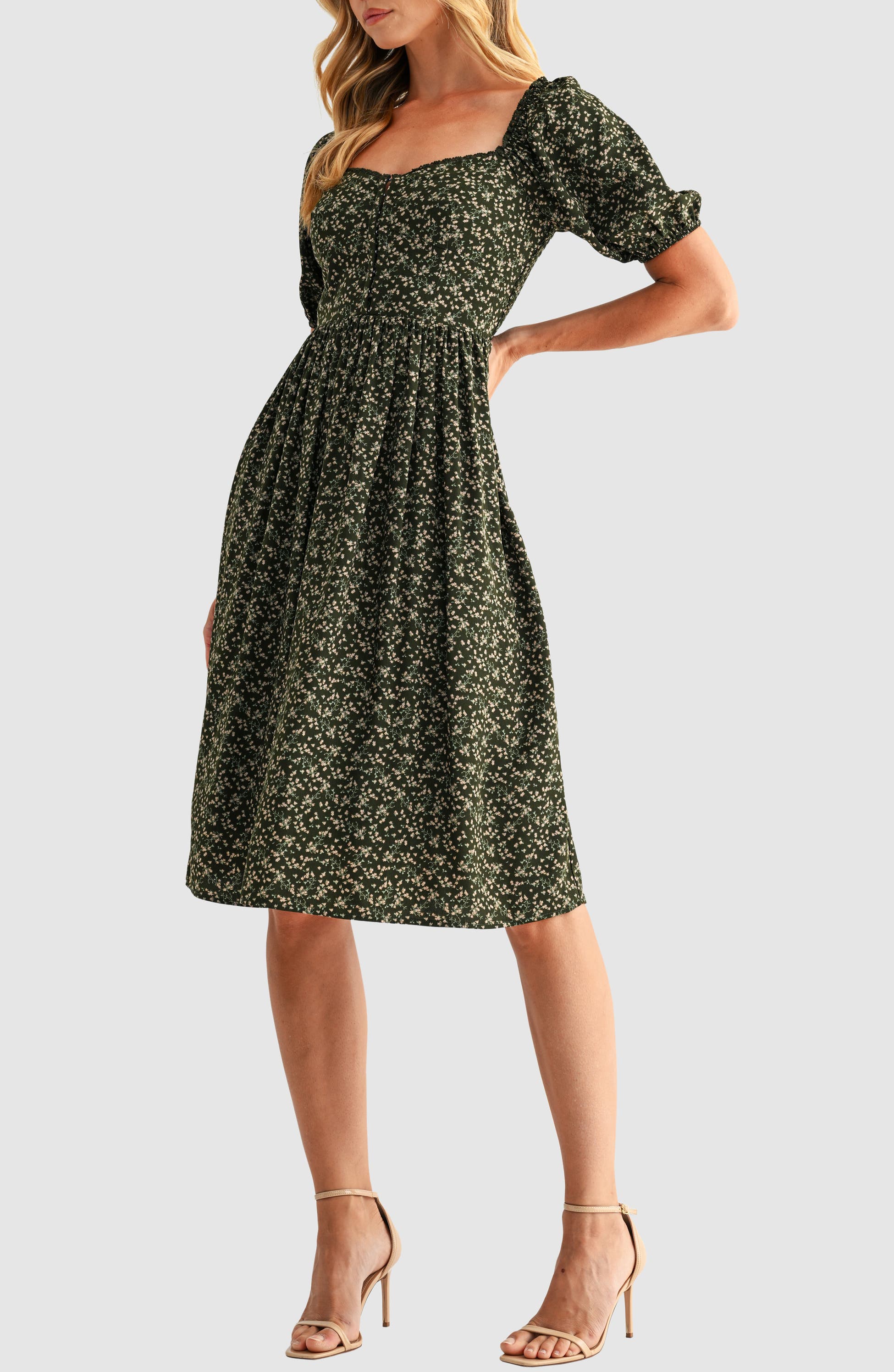 Puff Sleeve Lace Trim Midi Dress