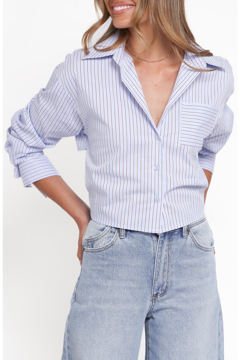Vienne Stripe Tie Back Button-Up Shirt, Main, color, BLUE/ BROWN STRIPE