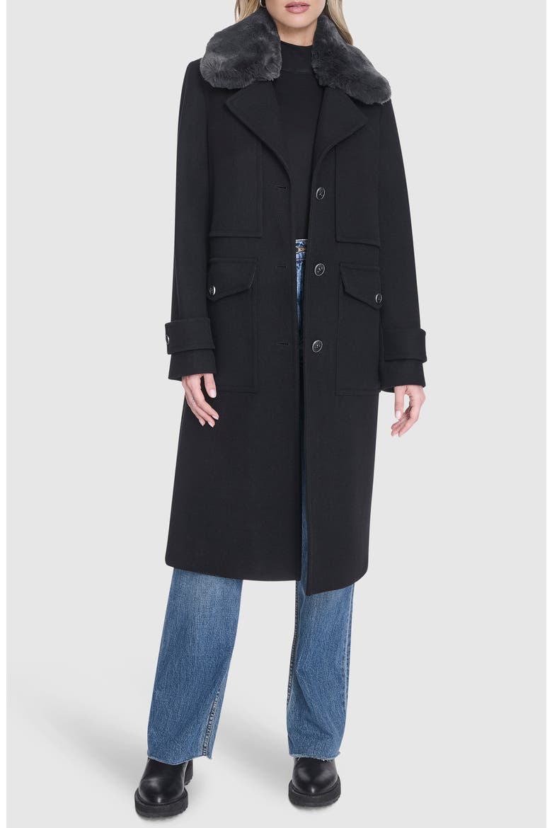 Faux Fur Collar Wool Blend Coat, Alternate, color, BLACK