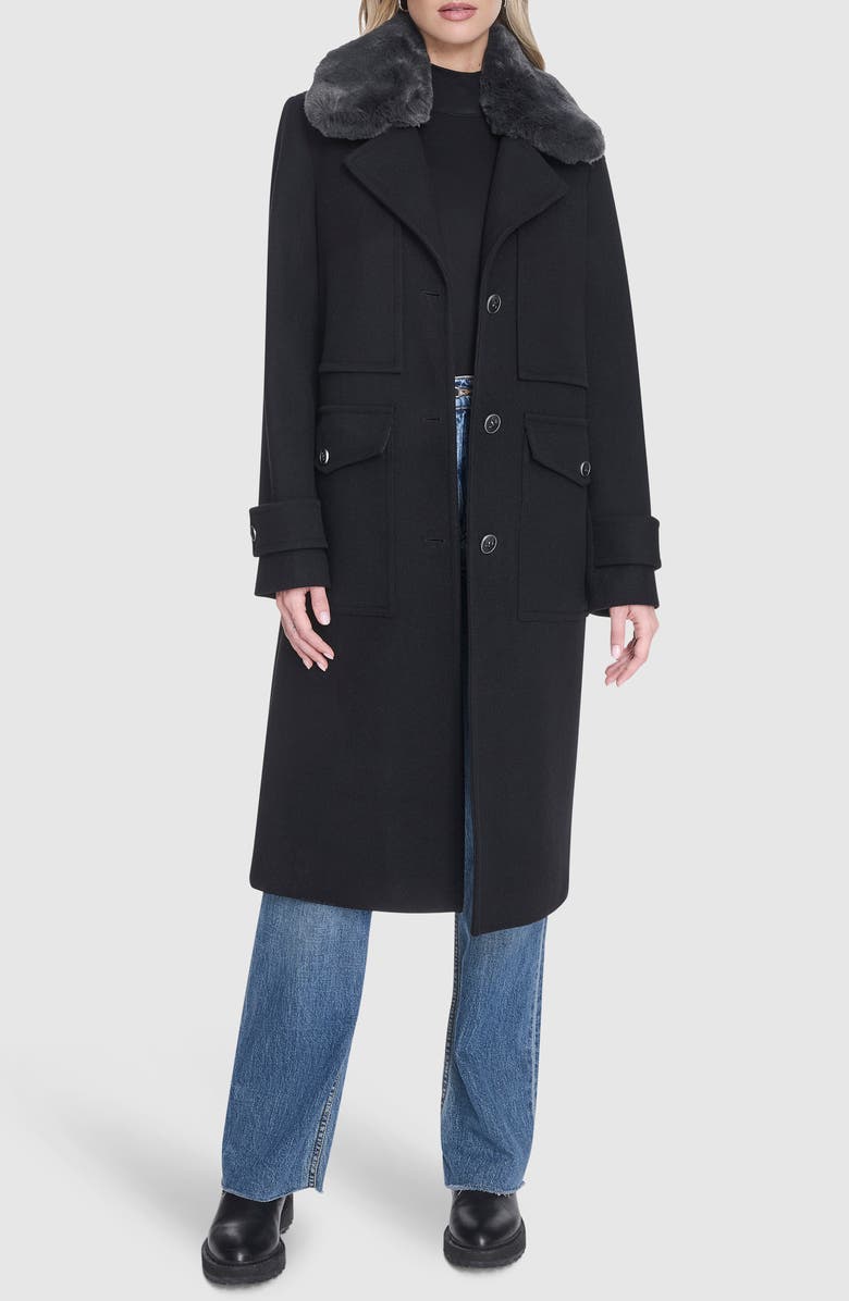 Andrew Marc Faux Fur Collar Wool Blend Coat, Alternate, color, Black