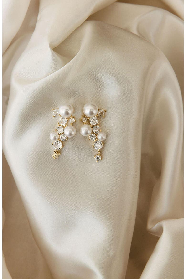 Alexandra Pearl and Crystal Drop Earrings, Alternate, color, Gold